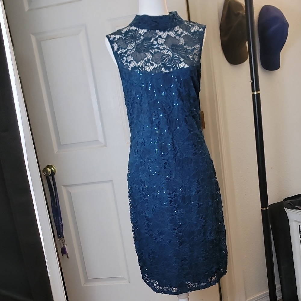 $Make Offer!  MARINA Blue Sequin Mock Neck Sheath Dress